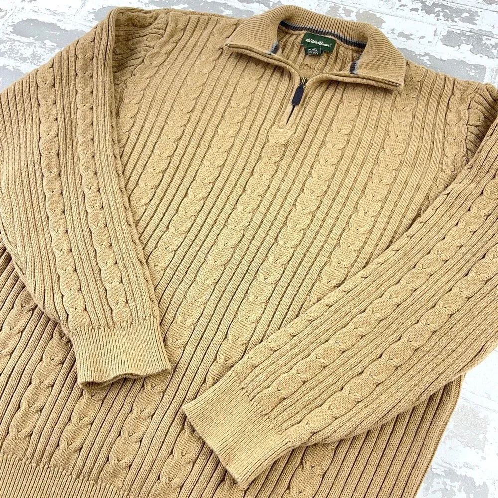 Eddie Bauer Sweater Men Large Tall Brown Heavy Cable Knit Pullover Textured - Picture 3 of 12